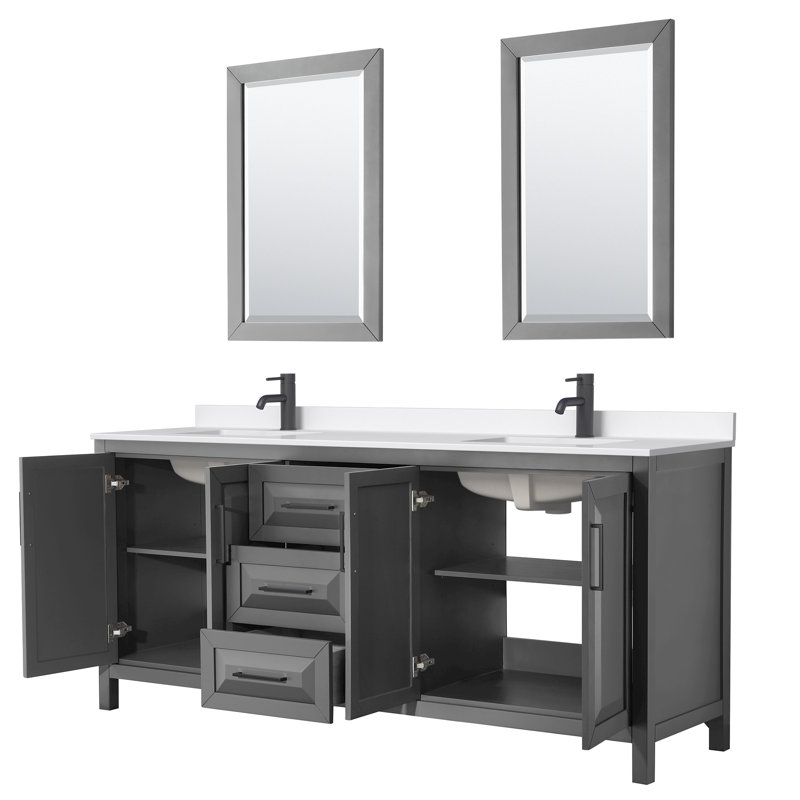 Ensemble de meuble-lavabo double 80 po avec dessus en quartz et miroir Daria, Quartz Giotto, Gris, Noir mat