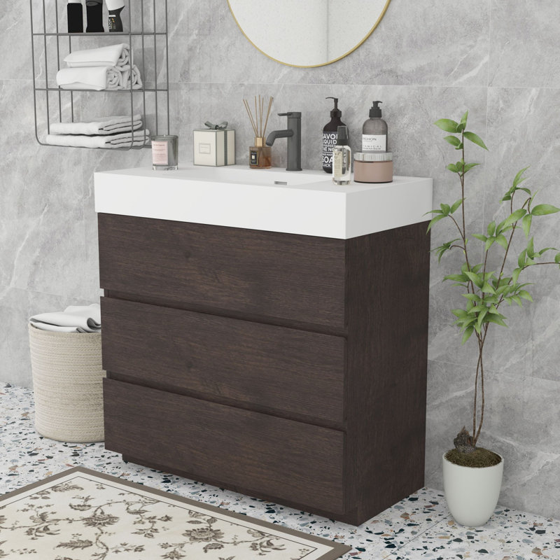 Meuble-lavabo moderne autoportant, Noyer, Blanc
