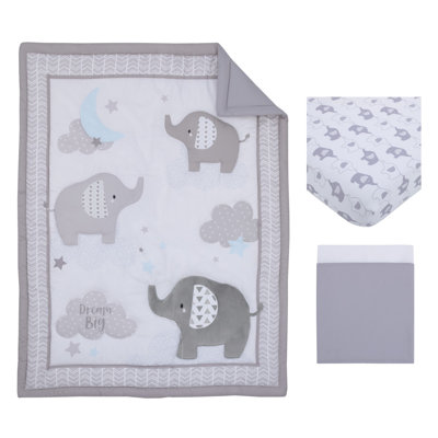 Elvis Elephant Stroll Dream Big Clouds and Stars with Chevron Border 3 Piece Crib Bedding Set