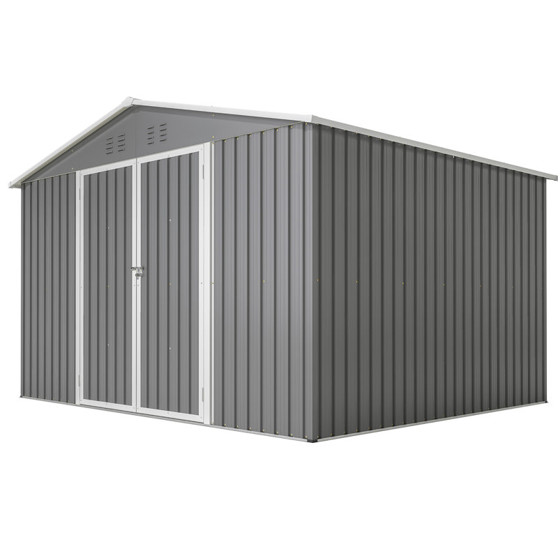 Remise de rangement extérieure 10 pi x 8 pi, métal gris - portes verrouillables pour jardin, patio, cour arrière, abri de jardin avec portes, idéal pour toutes les saisons