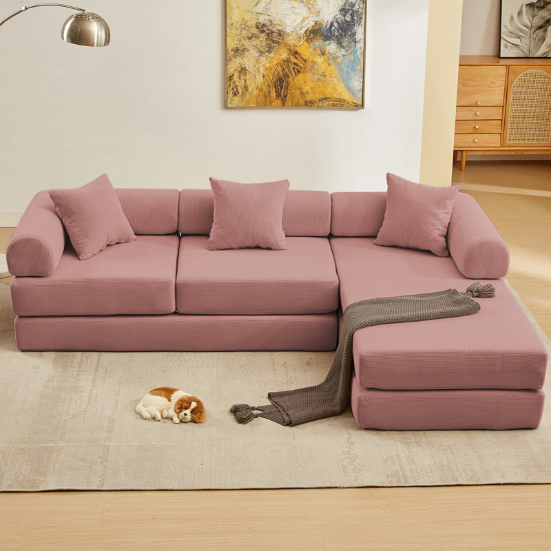 Canapé modulaire en L 3 places en velours côtelé avec coussin de siège à double couche pliable pour canapé d'appoint, Rose