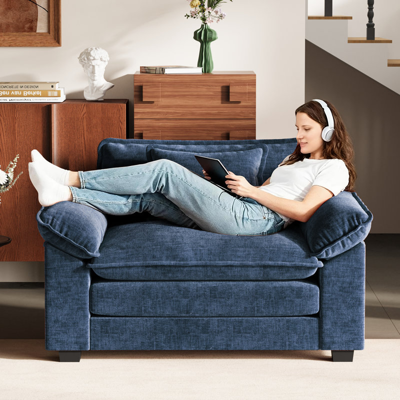 49.5'' W Oversized Premium Chenille Armchair And A Half With Accent Pillow & Removable Cushions, Blue Chenille