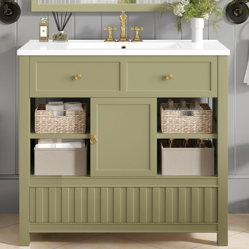 Meuble-lavabo 36 po avec lavabo, tablettes de rangement et tiroirs, Vert
