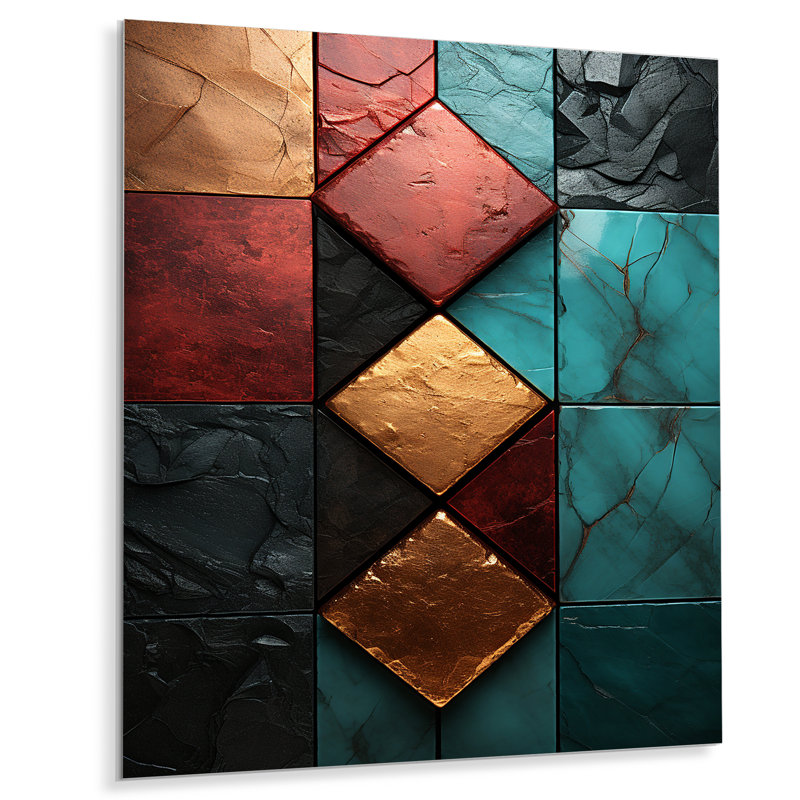 Carreaux de chevron bleu et rouge Elegance III - art mural abstrait en métal, H 40 po x l 30 po x P 1,5 po