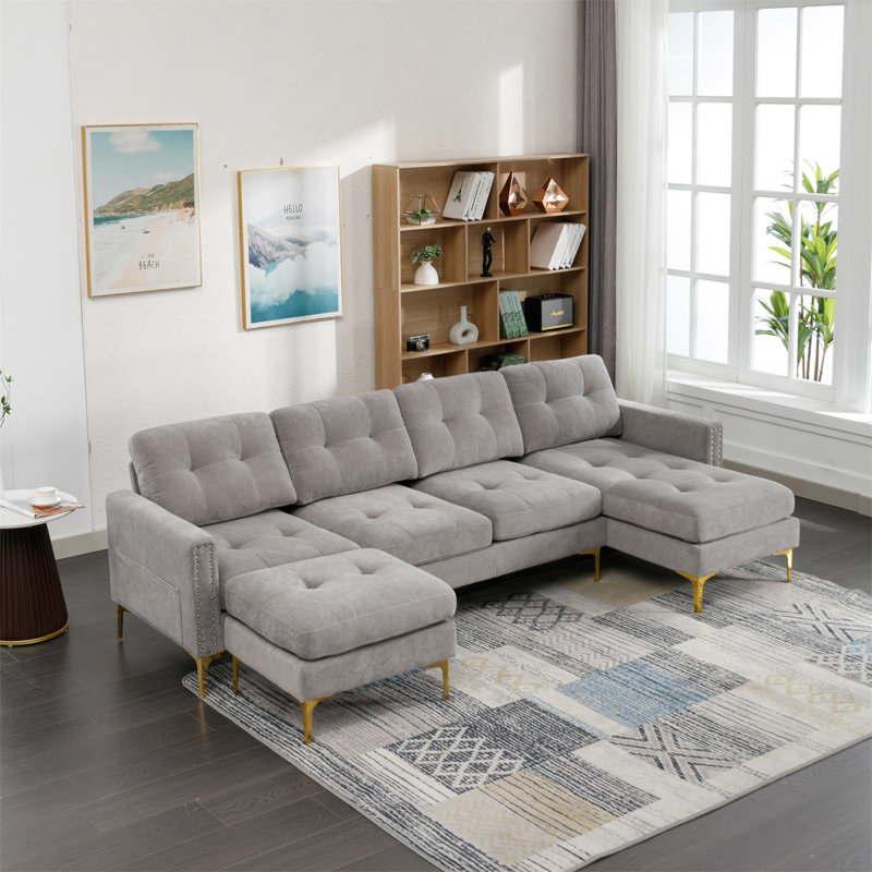 110" L-Shape Convertible Sectional Sofa Couch With Movable Ottoman, Light Gray