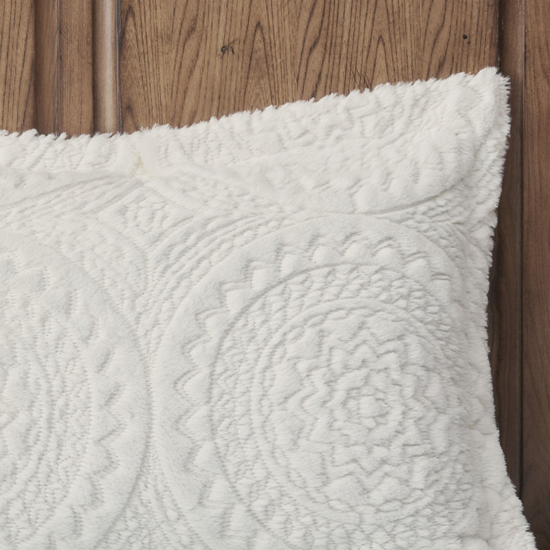 Ivory Faux Fur Embroidered Medallion King Duvet Cover Set