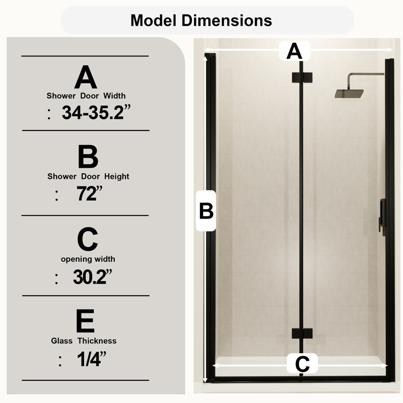Semi - Folding 34 35.2 In. W X 72 H Bathroom Shower Door With 1/4"  6Mm  Tempered Glass, Matte Black, Reversible And Splash 34" 72" Pivot Bi Fold For Black Finish, Space Saving Design Water Blocking