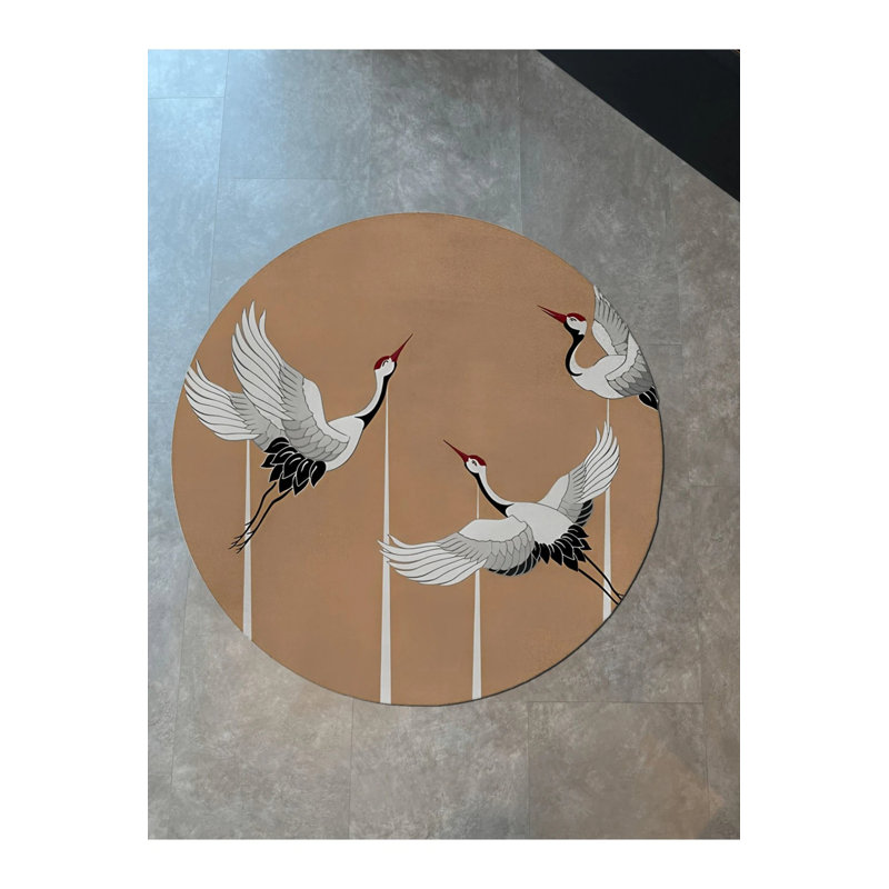 Beige Themed Stork Patterned Modern Woven Base Round Decorative Carpet, Round 4'