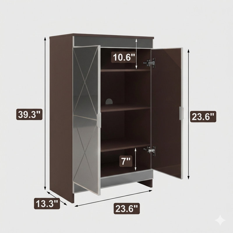 Elegant Decorative Storage Cabinet With Full-Length Mirror And Silver Edging, Double-Door Mirrored Shoe Storage Unit For Entryways, Glass Construction With Brown Finish Frame
