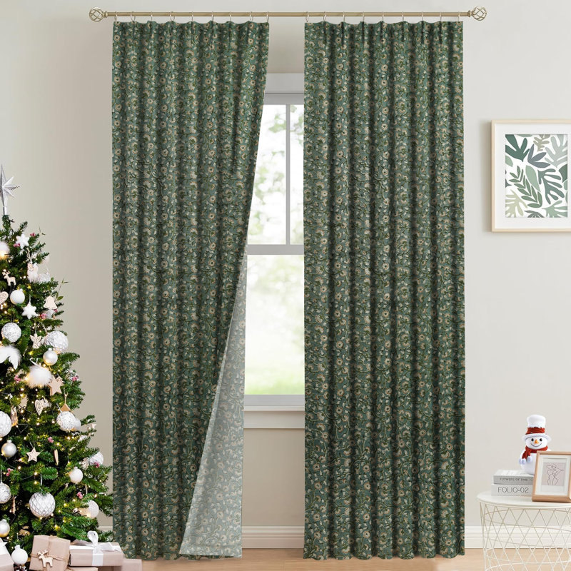 Fabdivine Light Green and Brown Handmade Floral Curtain Bohemian Soft Linen, 27x24 Inches, Block Print, Two-Side Panels with Pleated Pinch Design for Room Darkening, Blackout Patio, Himachal