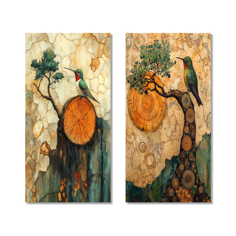 Abstrait colibri flottant grâce I - oiseaux, ensemble de 2 décorations murales en métal, 40" H x 40" W