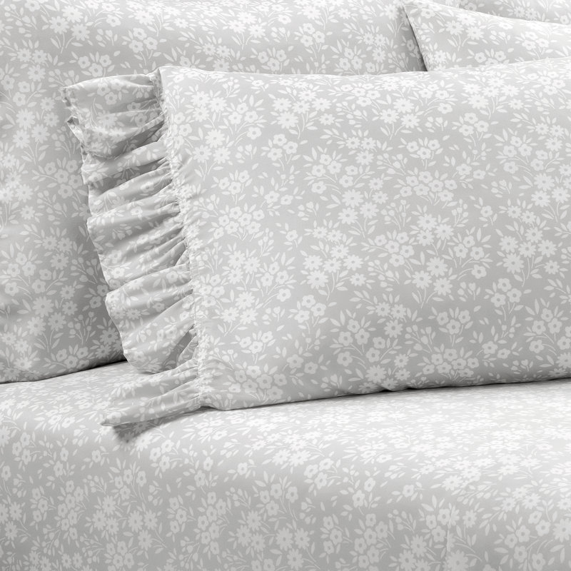 Garden Of Flowers Microfiber Sheet Set, Twin Extra Long Coverlet + 3 Additional Pieces, Gray
