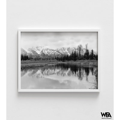 Mountains And Forest Black And White Landscape Photography Wall Decor, Outdoors Aesthetic Prints, Cloudy Winter Forest And Lake Photo Print