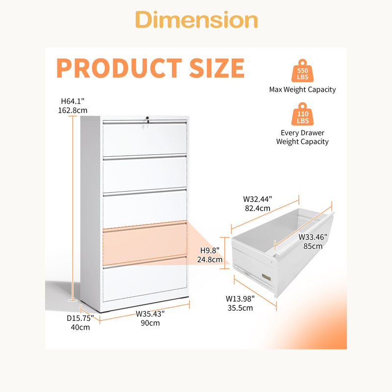 5 Drawer Metal Lateral File Cabinet , Filing Cabinet With Lock, Lockable File Cabinet For Home Office, Locking Metal File Cabinet For Legal/Letter/A4/F4 Size