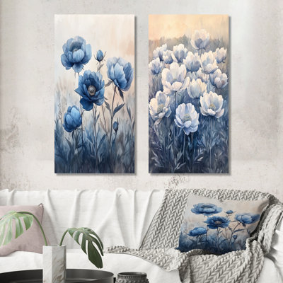 Dusky Blue Peonies in the Pasture I – Nature Metal Wall Art Set of 2
