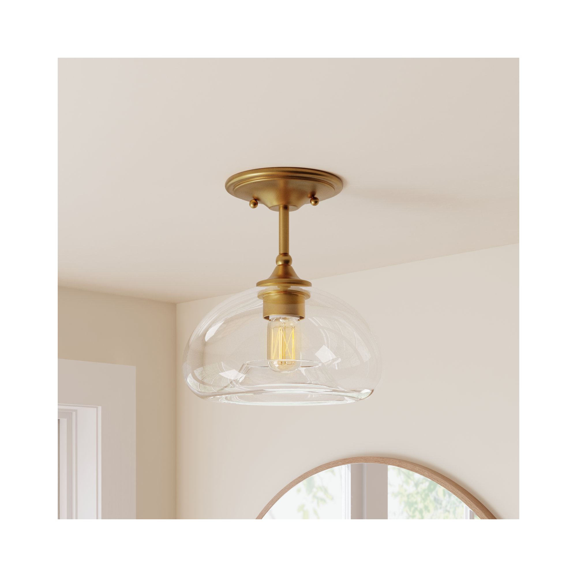 Lani Single Light Glass Semi Flush Mount, Natural Brass 