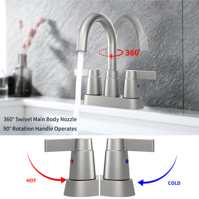 Brushed Nickel Bathroom Faucet - 360 Degree Swivel Spout, 2 Handles, , Fingerprint High Arc Stable Performance