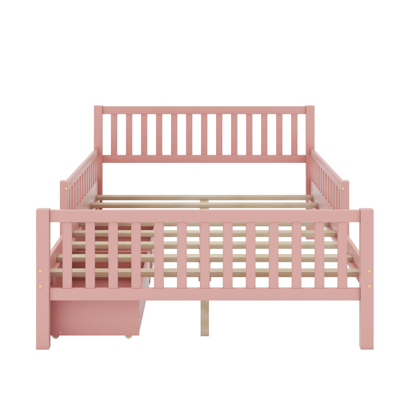 Lit plateforme en bois avec garde-corps et tiroirs, Lit double, Rose