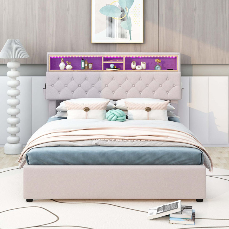 Ingry Ulani Upholstered Platform Bed with Storage Headboard, LED, USB Charging and 2 Drawers, Full, Beige