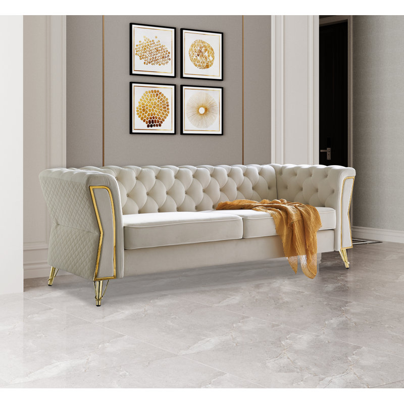 Canapé Chesterfield Glennice, Velours beige