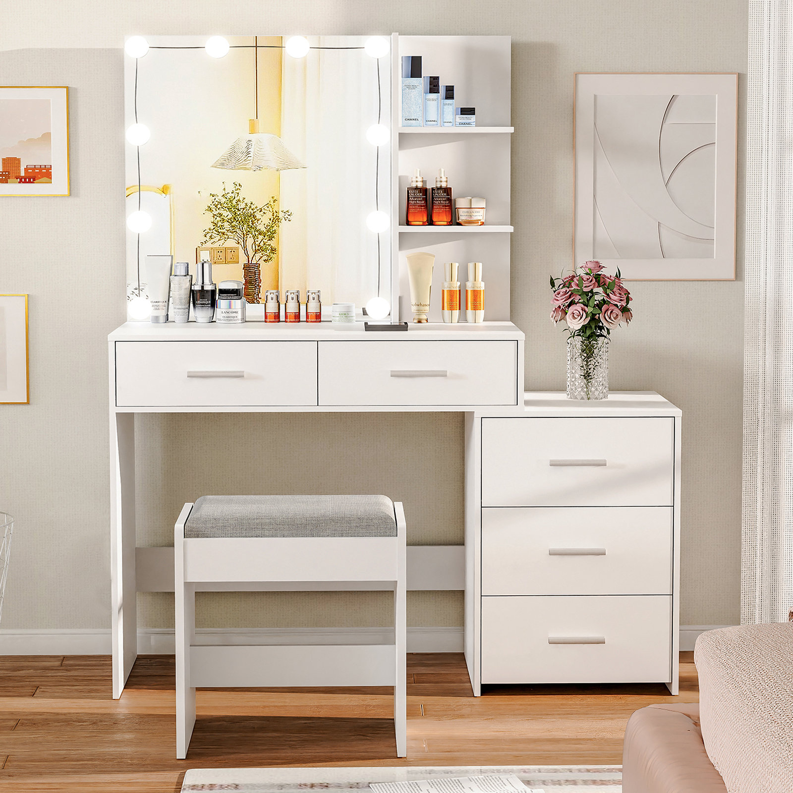 Latitude Run® Ensemble de coiffeuse noire avec tabouret et miroir ...