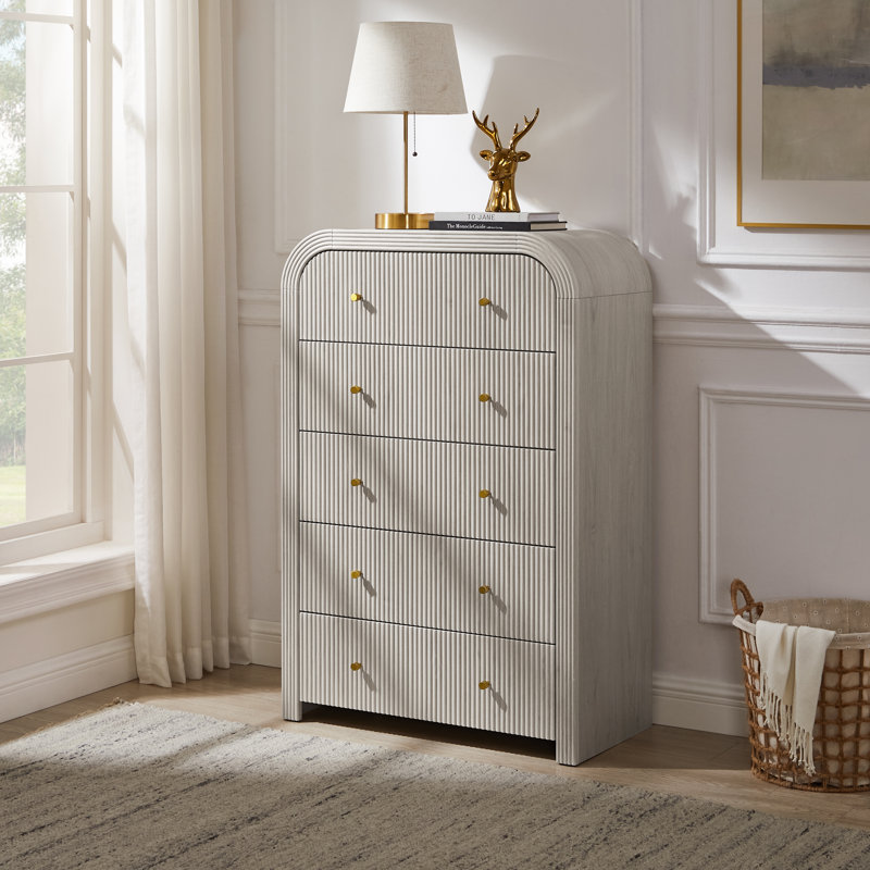 Fluted 5 Drawers Dresser For Bedroom, 48" Tall Modern Chest Of Drawers For Bedroom, Living Room, Hallway, Alder White