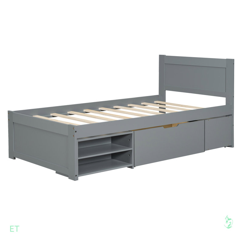 Lit plateforme avec tiroir et deux tablettes, Simple, Gris antique