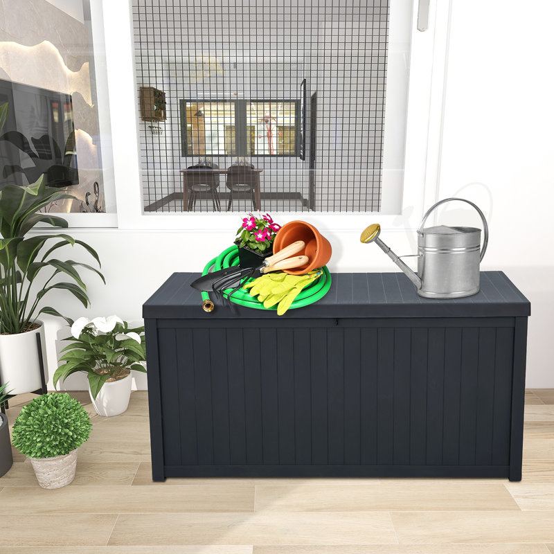 113 Gallons Polyethylene Plastic Lockable Storage Deck Box, Black