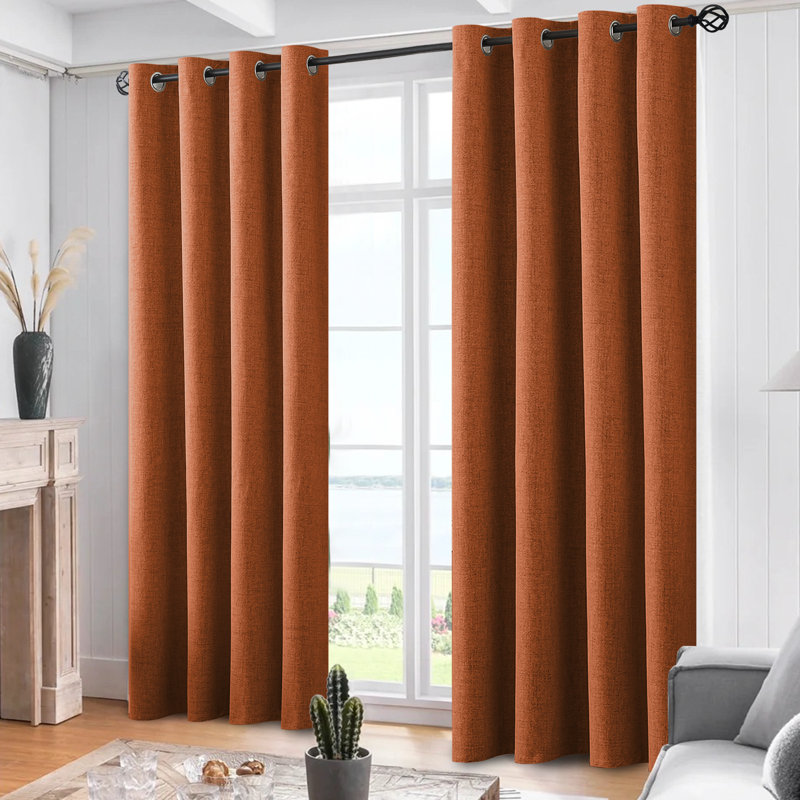 Rideaux 100% lin occultant, rideaux obscurcissant avec œillets pour chambre à coucher avec doublure blanche, Orange brûlé