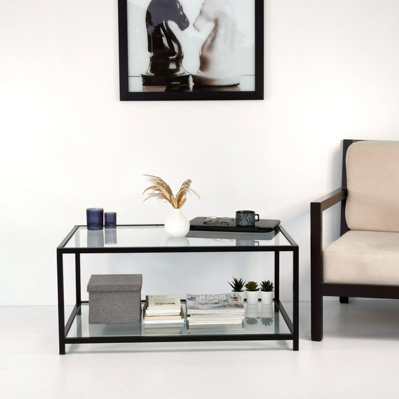 Table basse moderne et industrielle, fumée et noir, 35,4 x 15,7 x 23,6 pouces | 100% plateau en verre trempé (0,16 po d'épaisseur), cadre 100% métal | Design élégant et durable pour le salon, look chic et novateur