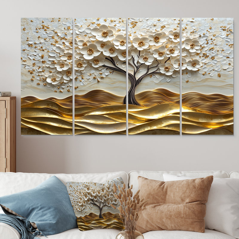 Ensemble de salon art mural blanc Folk Art Basswood Gold Tree, H 32 po x l 64 po