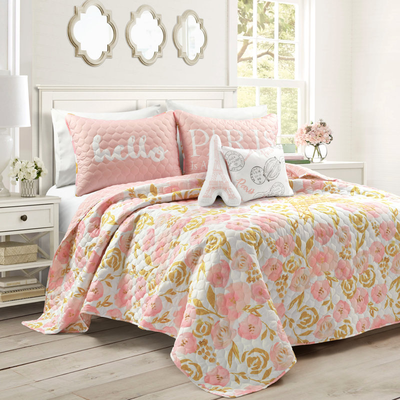 Blush and Gold Reversible Microfiber Kids Quilt Set