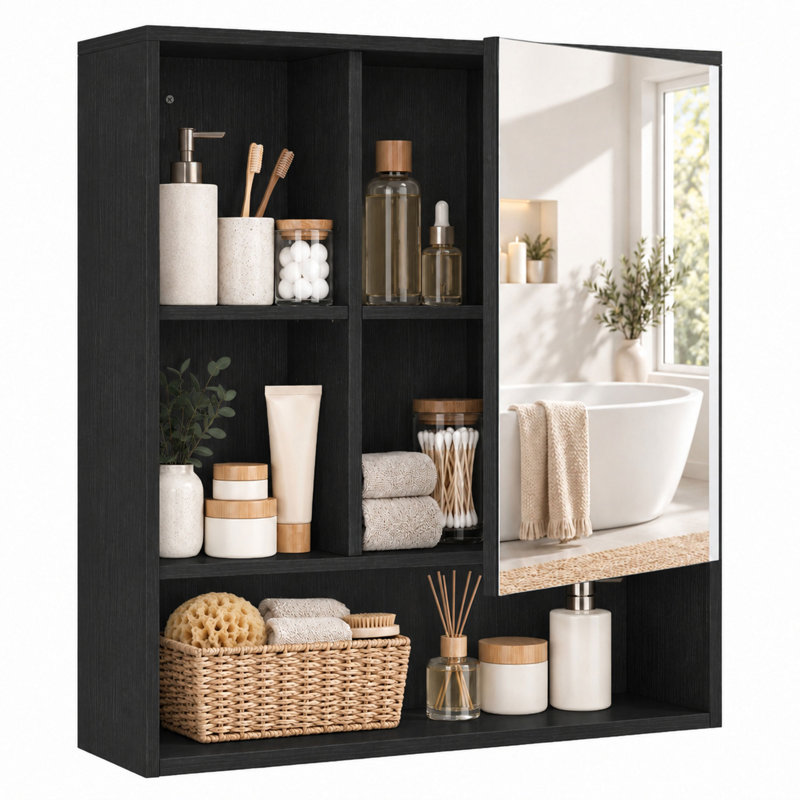 Bathroom Mirror Cabinet, Wall-Mounted, Adjustable Shelves, Black