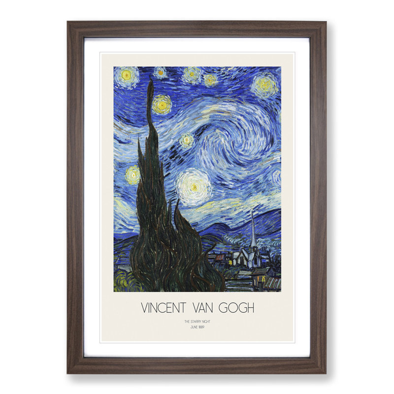 The Starry Night with Border by Vincent Van Gogh - Framed Print, 48cm H x 36cm W x 2cm D, Walnut Framed