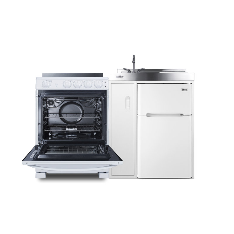White Stainless Steel All-in-One Kitchenette with Refrigerator, Sink, and Range