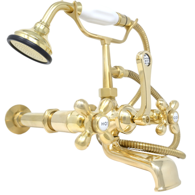 P1027 British Telephone Wall Mounted Faucet with Cross Handles and 7" Center Faucet Body, Polished Brass