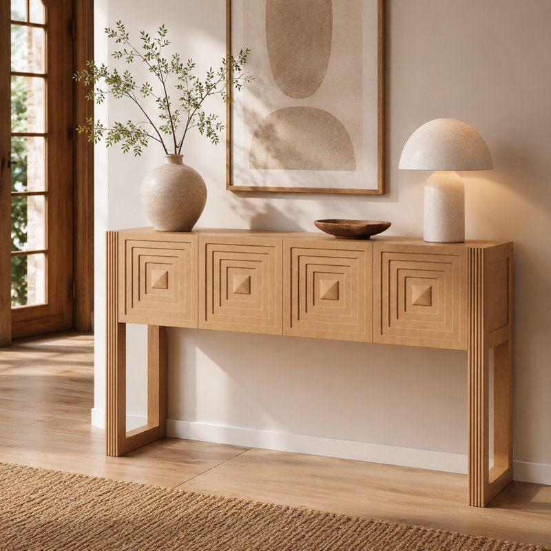 55'' Geometric Carved Console Table With 3 Soft-close Drawers And Fluted Side Details, Light Brown