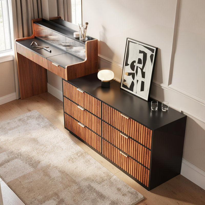 98.4-Inch Convertible L-Shaped Extendable Vanity Table, Featuring A Flip-Up Mirror, 6 Large Storage Drawers And 1 Small Storage Drawer, Glass Doors, And An Additional Shelf With Built-In LED Lighting