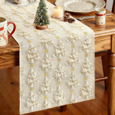 Christmas Table Runner Beige Christmas Tree Table Runner Soft Plush Faux Fur Jacquard Xmas Winter Holiday Kitchen Dining Table Decoration For Home Party Decor (13X72 Inch)