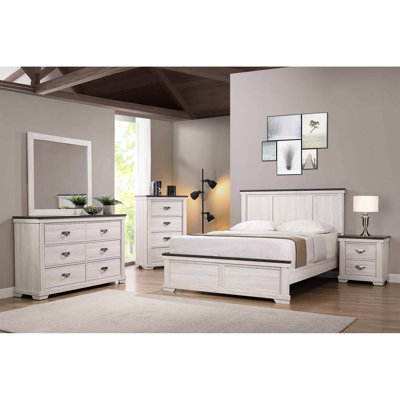 Bedroom Queen Size Panel Bed In Antique White & Brown, Wooden Furniture With Easy Headboard And Included Slats Legs Rustic Brown Scheme