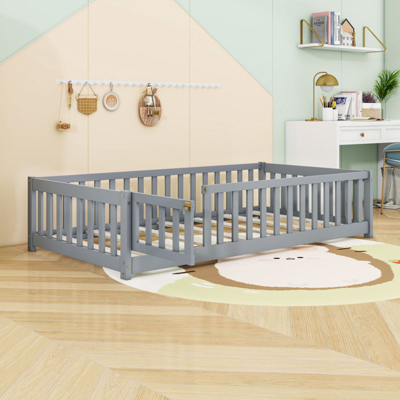 Lit en bois avec clôture, Simple, gris