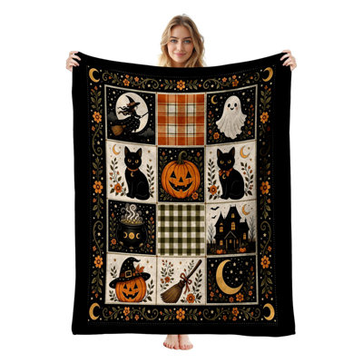 Couverture polaire en flanelle JYK pour l'Halloween, légère, respirante, douce et chaude en microfibre pelucheuse, 76 x 102 cm, motif de courtepointe d'Halloween