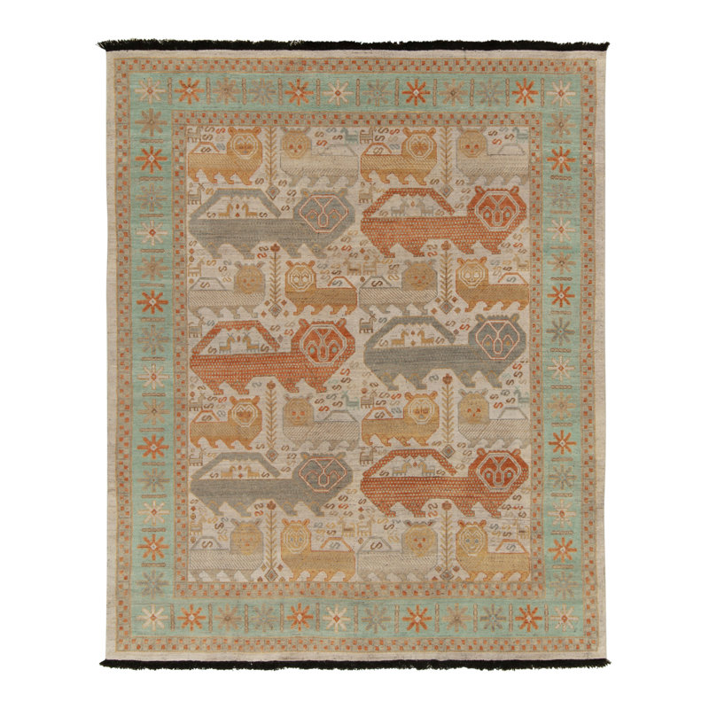 Caucasian Rug In Orange, Gray, Green Pictorial Pattern By Rug & Kilim, Rectangle 10' x 14'