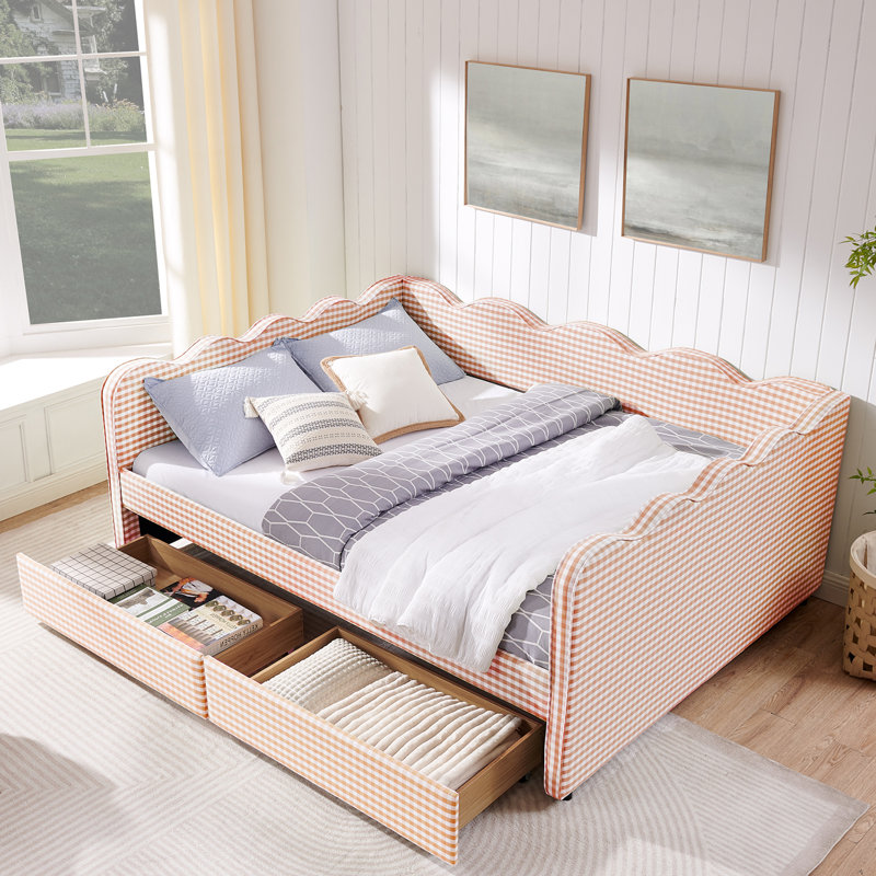 Linen Plaid Daybed With Two Storage Drawers And A USB Port, Pink, Queen