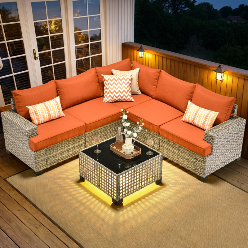 Wahkon Wicker/rattan 5 - Person Wicker Sectional Seating Group with Lighted Coffee Table, Modern Modular Outdoor Conversation Set with Cushions