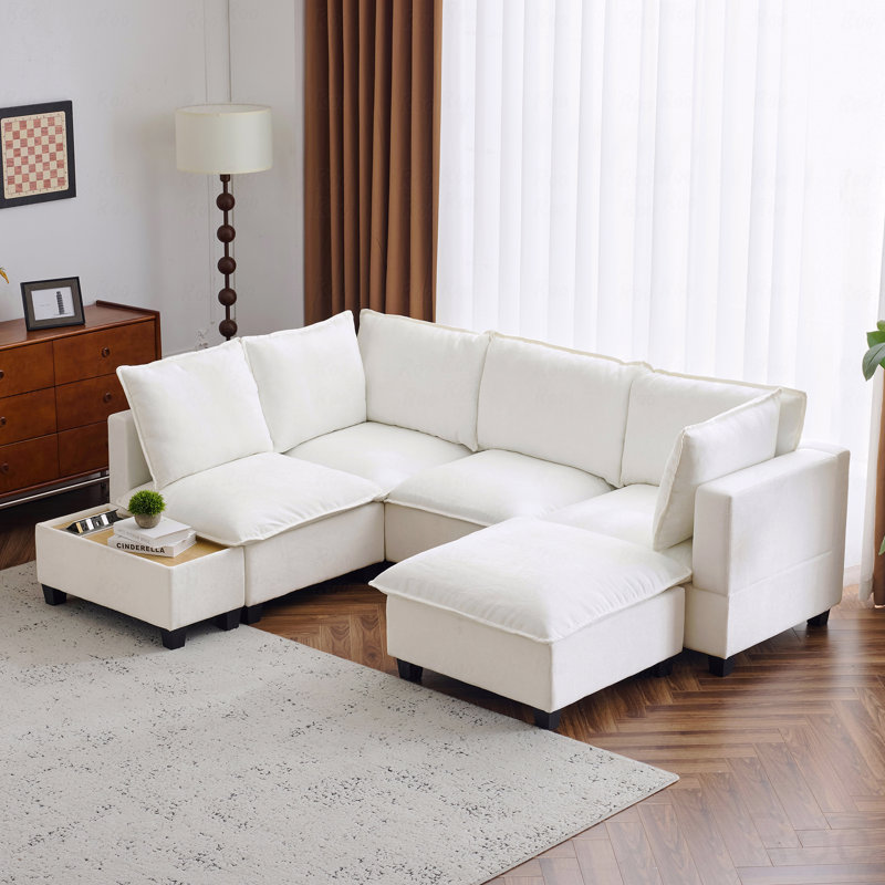 Basic Sectional Sofa, 90" U-Shaped  Sofa Modular Sofa Couch With A Movable Ottoman, A Coffee Table With Hidden Charging Devices