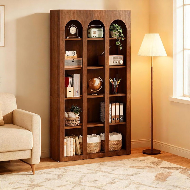 Rustic Farmhouse Arched Open Bookshelf, Tall 3-column Vintage Brown Wood Grain Display Bookcase with Closed Back Panel for Living Room Bedroom Home Office Decor