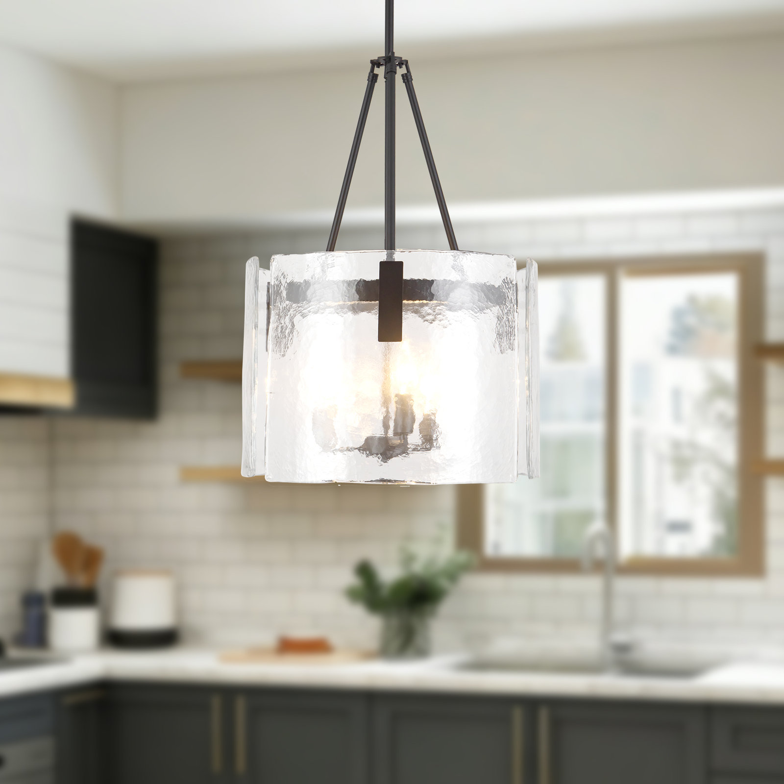 Eira Pendant with Clear Water Glass, 16-in, Black/Clear Water Glass