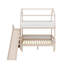 Lit superposé avec glissière et escalier de rangement, lit superposé en bois, cadre en forme de maison avec garde-corps et tablettes-267572380