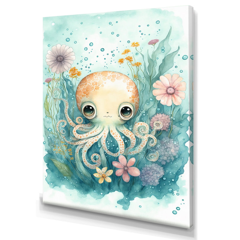 Mignon petit bébé pieuvre entouré de fleurs II - reproduction sur toile, H 20 po x l 12 po x P 1 po, Toile tendue